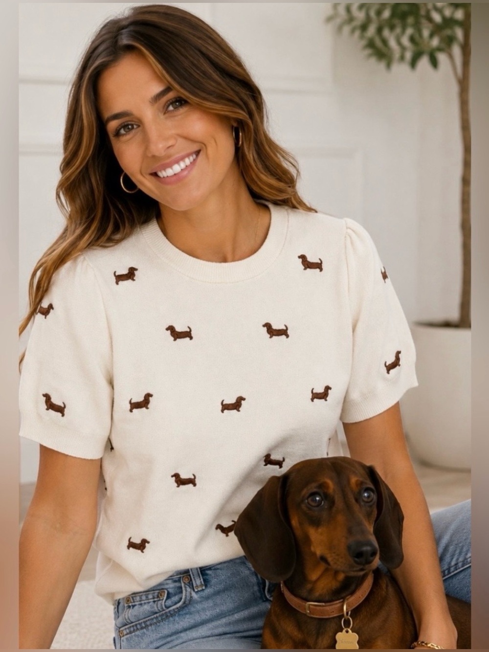 NWT Calligraphie Dachshund
Embroidered Puff Sleeve
Sweater Top Size Large